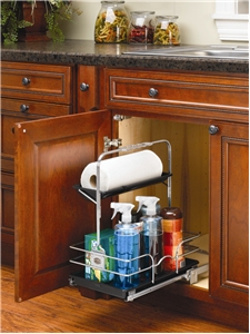 Left hand installation of the Rev-A-Shelf, 544-10C-1, Under Sink Pull-Out Chrome Caddy